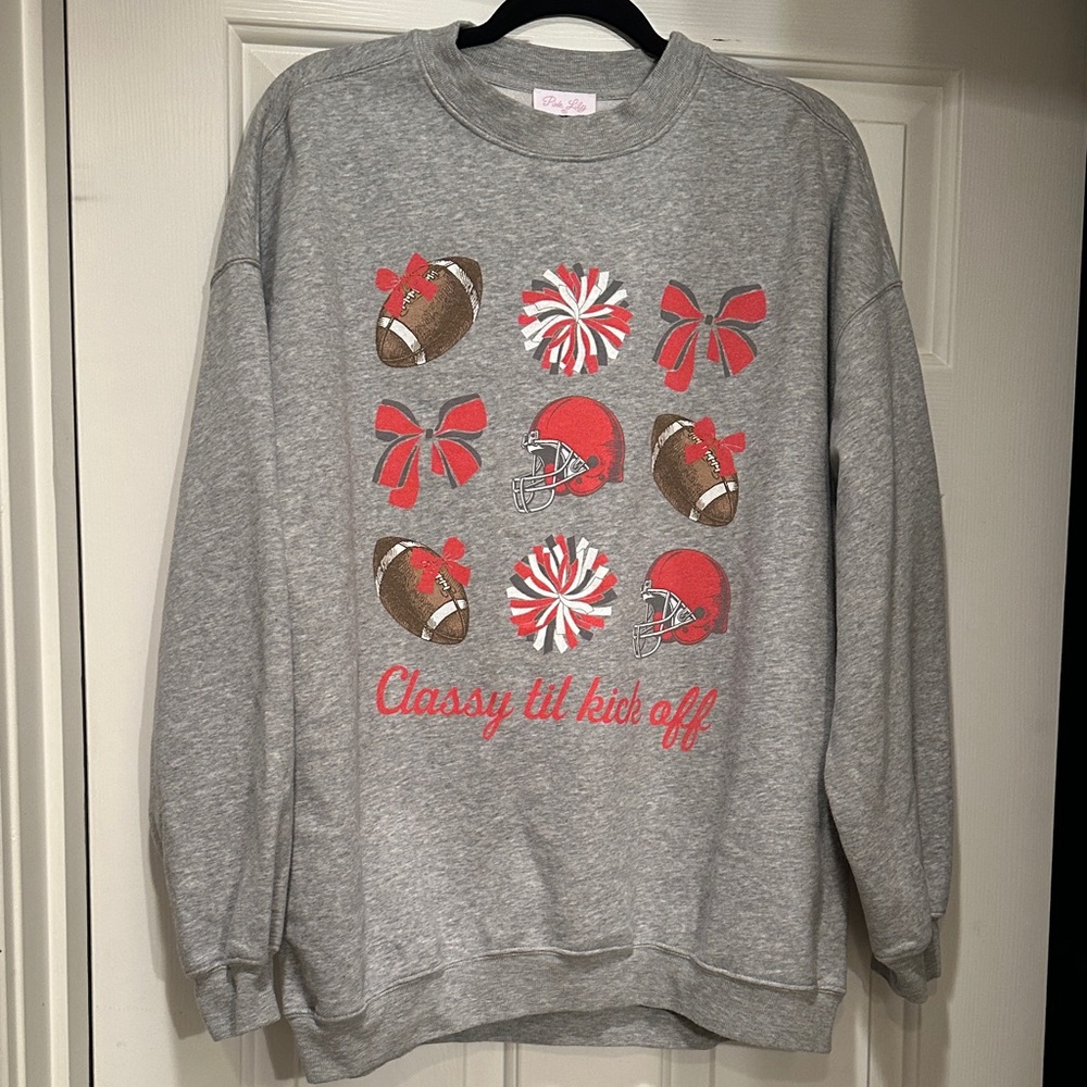 Pink Lily small gray with Stay classy Til Kick Off sweatshirt. Like new